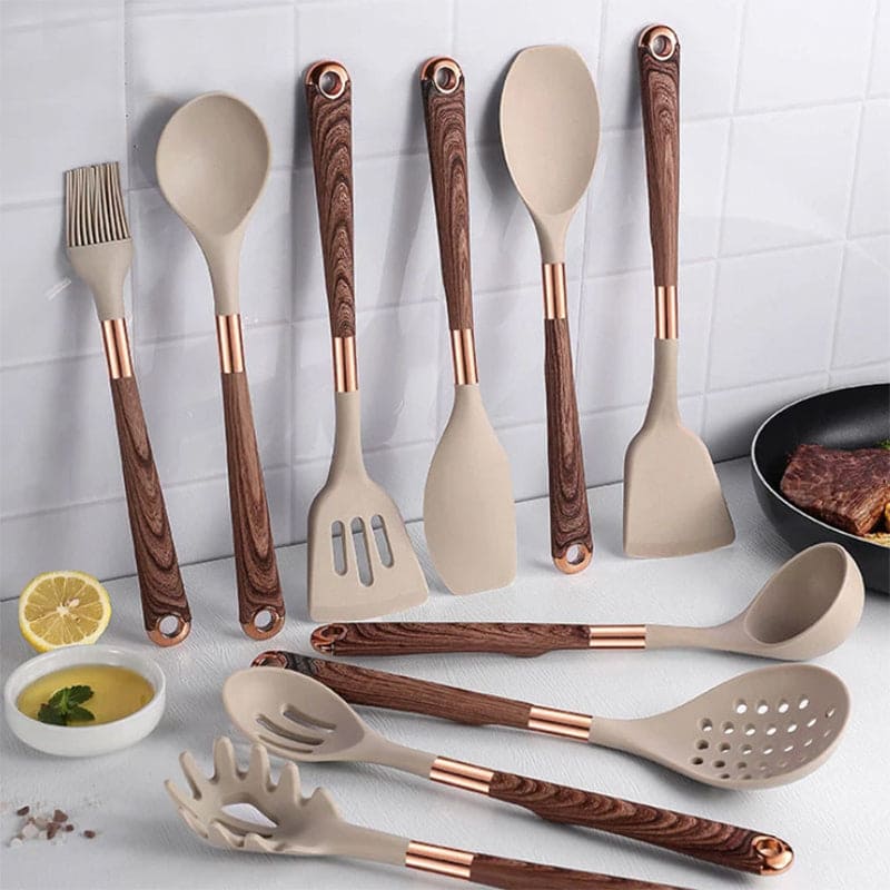 10-teiliges Premium-Silikon-Küchenhelfer Set mit Holzgriffen – Hitzebeständig und Ergonomisch für Moderne Küchenutensilien 0
