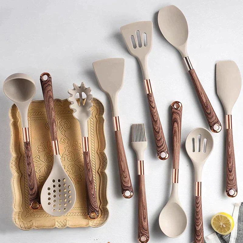 10-teiliges Premium-Silikon-Küchenhelfer Set mit Holzgriffen – Hitzebeständig und Ergonomisch für Moderne Küchenutensilien 1
