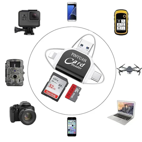 4-in-1 Kartenleser für SD und TF – USB, USB-C, Micro-USB, Lightning, Hochgeschwindigkeit 0