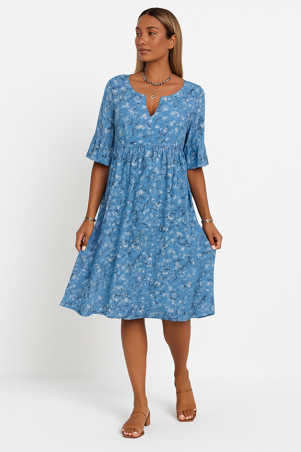 Damen Kleid Blau Größe M Polyester Festlich Blumenmuster-4