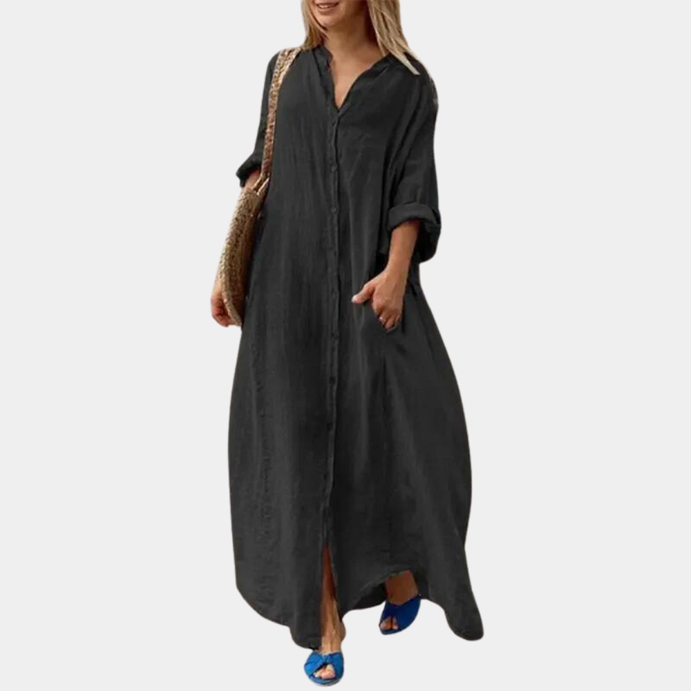 Elegantes Maxikleid Damen - Sommer Maxikleid Langarm mit Knopfverschluss und Taschen-3