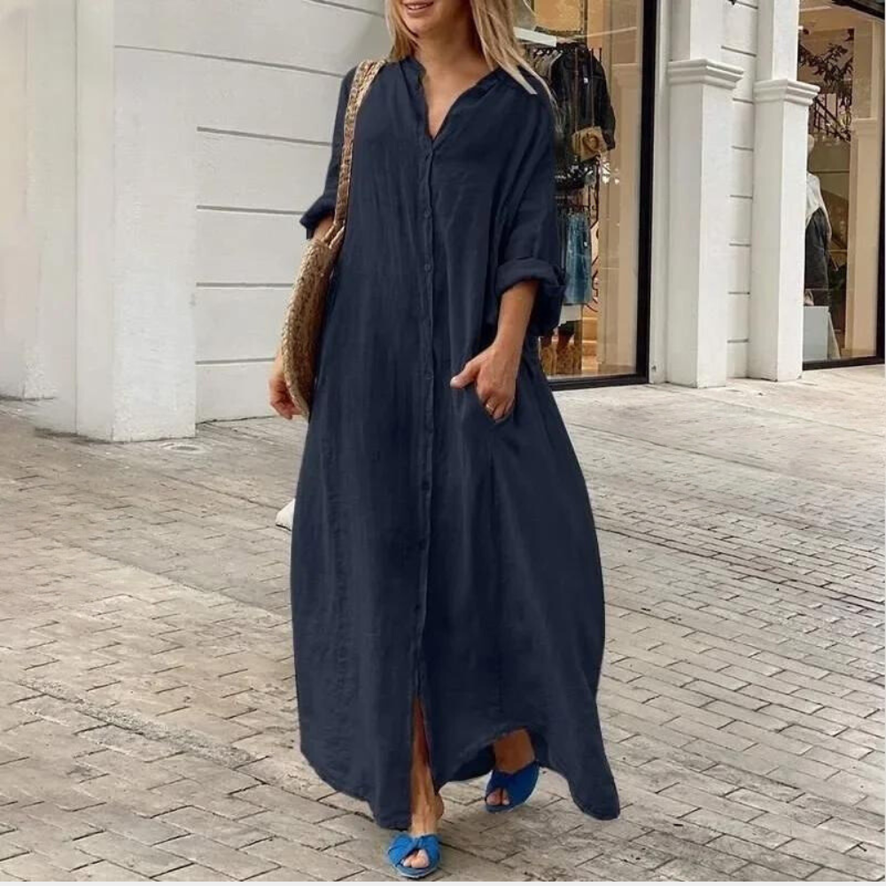 Elegantes Maxikleid Damen - Sommer Maxikleid Langarm mit Knopfverschluss und Taschen-2