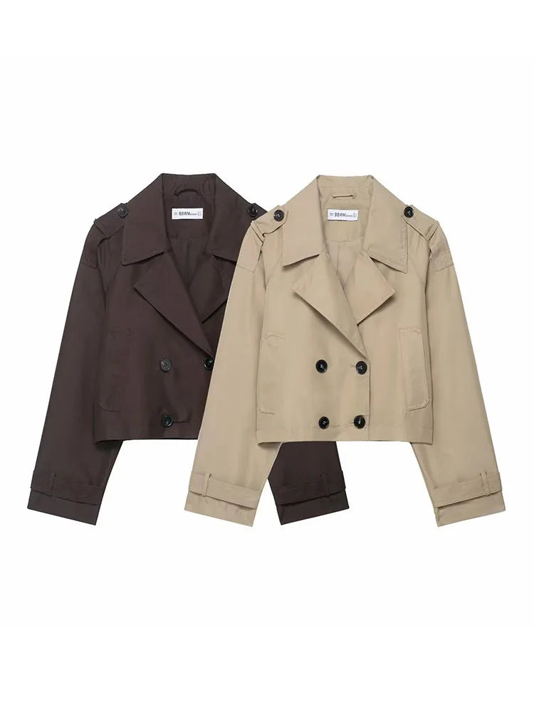 Damen Kurz Trenchcoat mit Revers – Doppelreiher, Taschen, ideal für Herbst/Winter Mäntel Damen 0