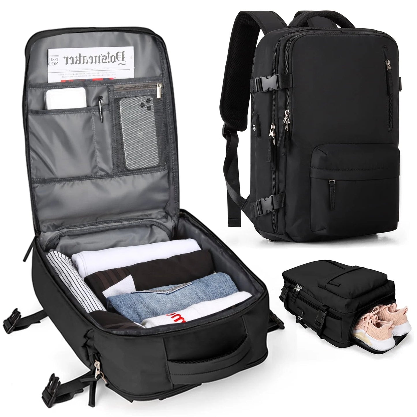 Damen Rucksack Wasserfest Groß Mit USB-Anschluss Für Wandern Und Reisen Nylon 35L 7