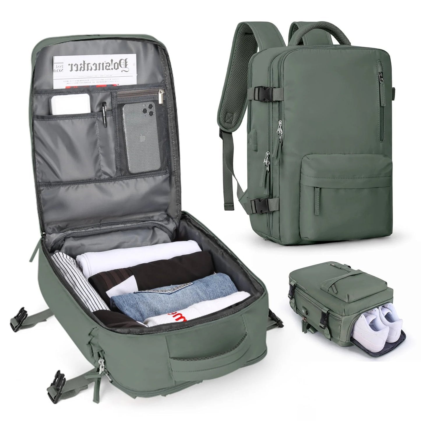 Damen Rucksack Wasserfest Groß Mit USB-Anschluss Für Wandern Und Reisen Nylon 35L 9