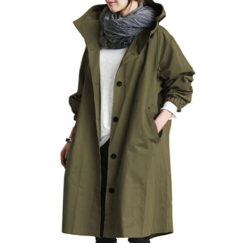 Damen Trenchcoat Lang Grau Atmungsaktiv Mit Kapuze 0