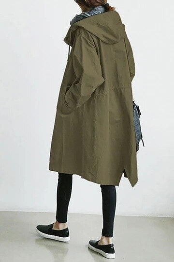 Damen Trenchcoat Lang Grau Atmungsaktiv Mit Kapuze 2