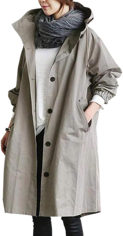 Damen Trenchcoat Lang Grau Atmungsaktiv Mit Kapuze 3