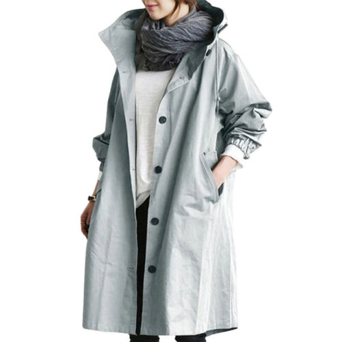 Damen Trenchcoat Lang Grau Atmungsaktiv Mit Kapuze 5