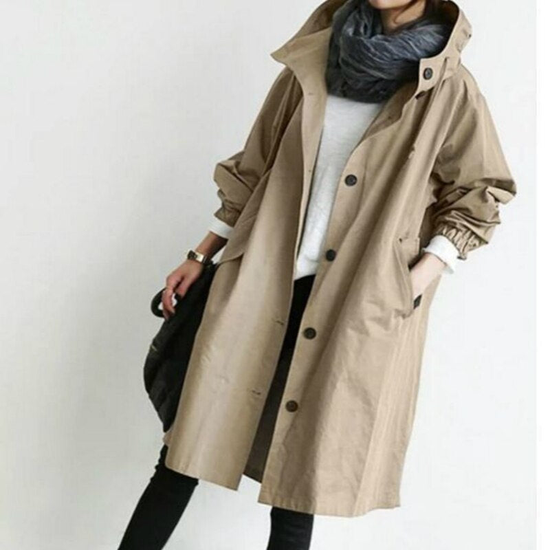 Damen Trenchcoat Lang Grau Atmungsaktiv Mit Kapuze 6