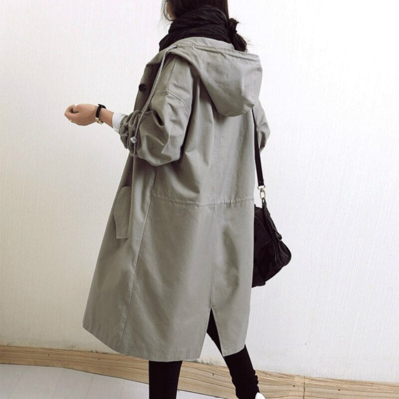 Damen Trenchcoat Lang Grau Atmungsaktiv Mit Kapuze 7