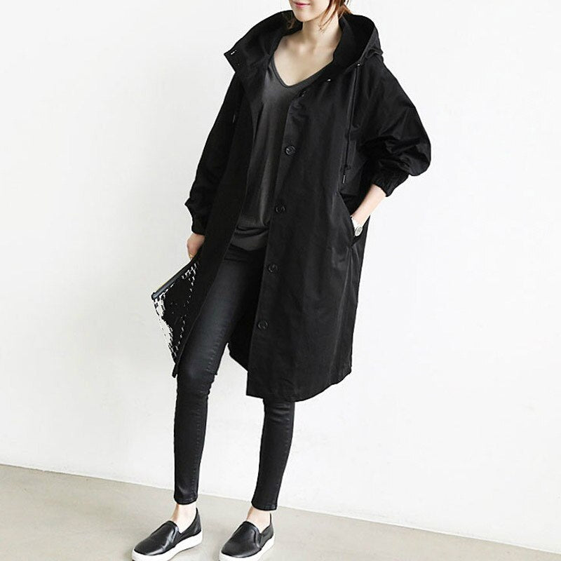 Damen Trenchcoat Lang Grau Atmungsaktiv Mit Kapuze 8