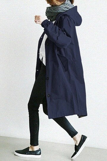 Damen Trenchcoat Lang Grau Atmungsaktiv Mit Kapuze 9