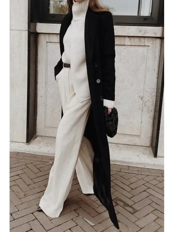 Damen Wollmantel – Tailored Fit – Zweireihig – Lange Länge – Revers 1