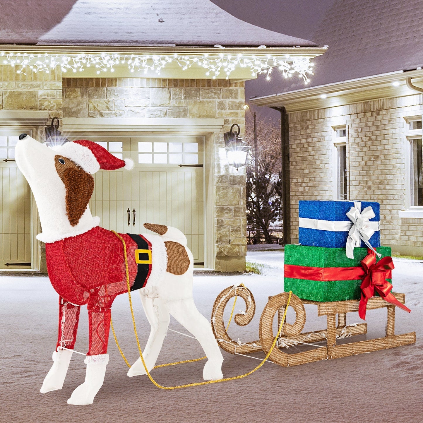 FestivePaws – Beleuchteter Weihnachtshundeschlitten mit Geschenkbox-Dekoration 1
