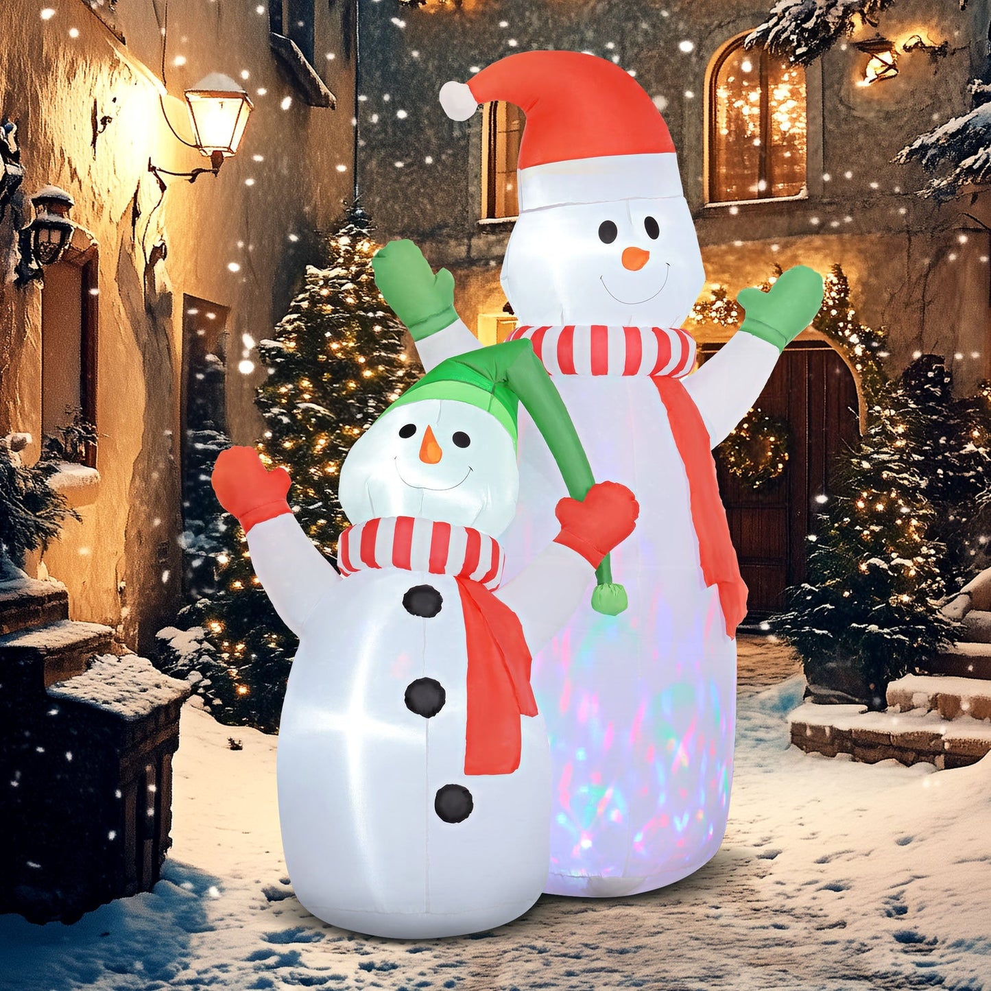 FrostyFamily – Große Weihnachtsdekoration Schneemann mit Kind und LED-Lichtern 1