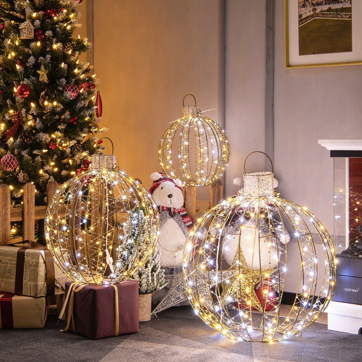GoldenGlow – 3er-Set LED-Weihnachtskugellichter mit 30 Kabelbindern 1