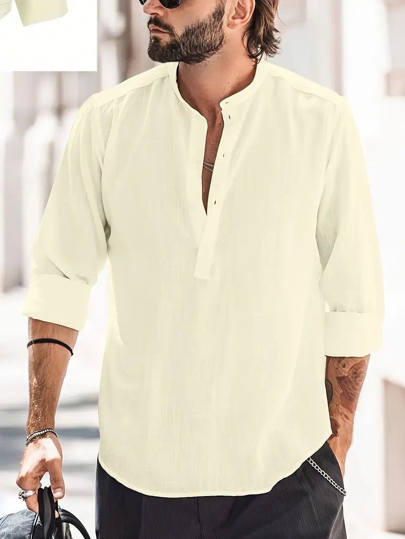 Herren Leinenhemd Langarm Klassisches Design Atmungsaktiv 100% Leinen 12
