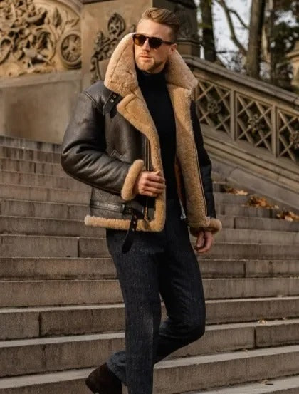 Herren Pilotenjacke Echtes Schaffell Verstellbare Passform RAF-Stilkragen 7