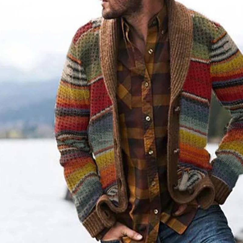 Herren Strickjacke Mehrfarbig Gestreift Bequem Baumwolle Cardigan 1