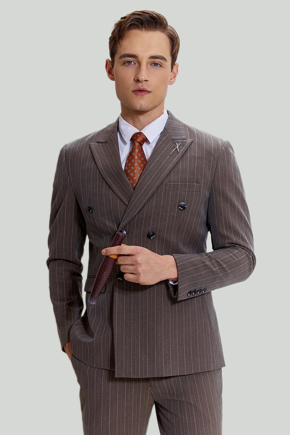 Variant image for Eleganter Herrenanzug Braun Nadelstreifen 3-teilig Slim Fit für Hochzeiten-1