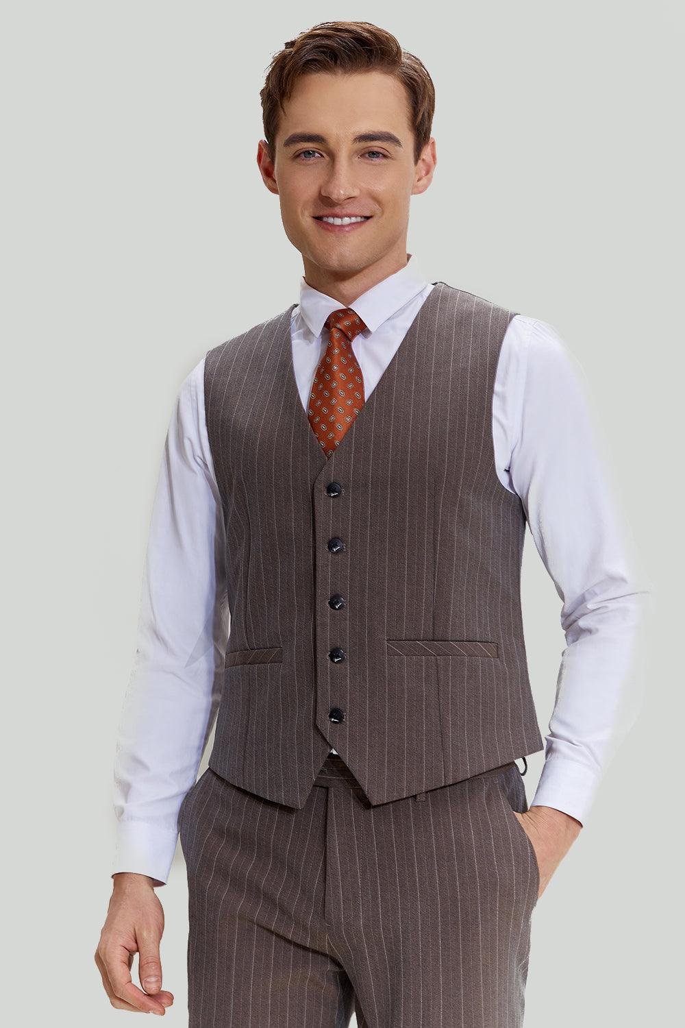 Eleganter Herrenanzug Braun Nadelstreifen 3-teilig Slim Fit für Hochzeiten-4
