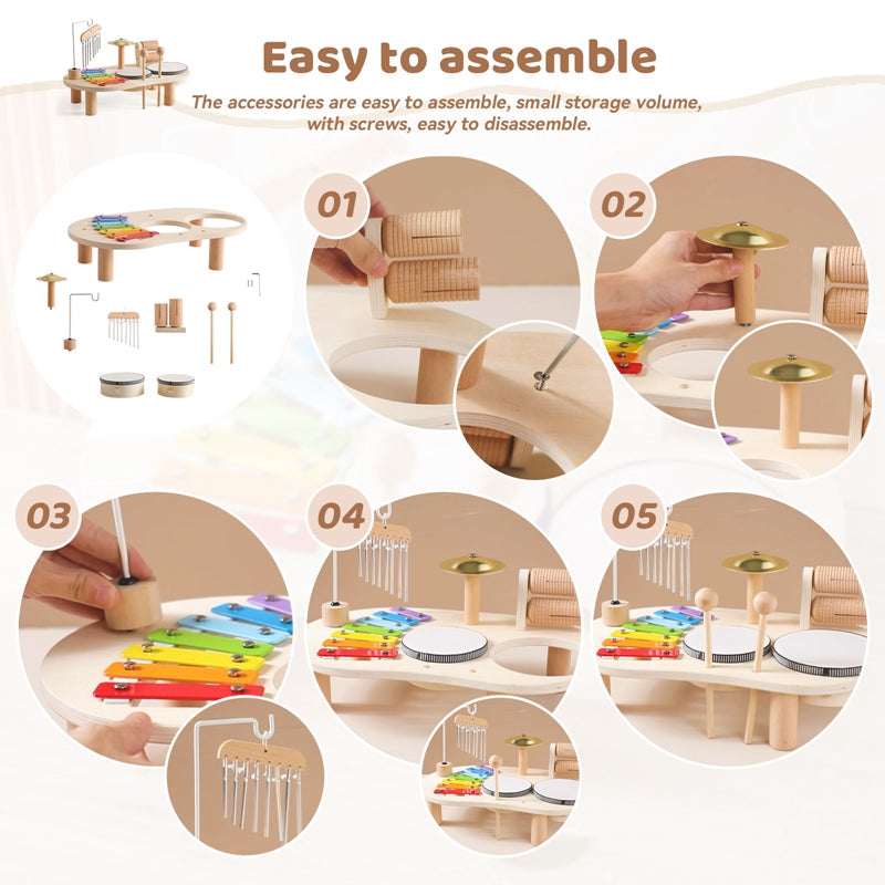 Holzmusiktisch für Kinder – Bildungsinstrument mit Schlagzeug, Xylophon und Becken, ab 1 Jahr 2