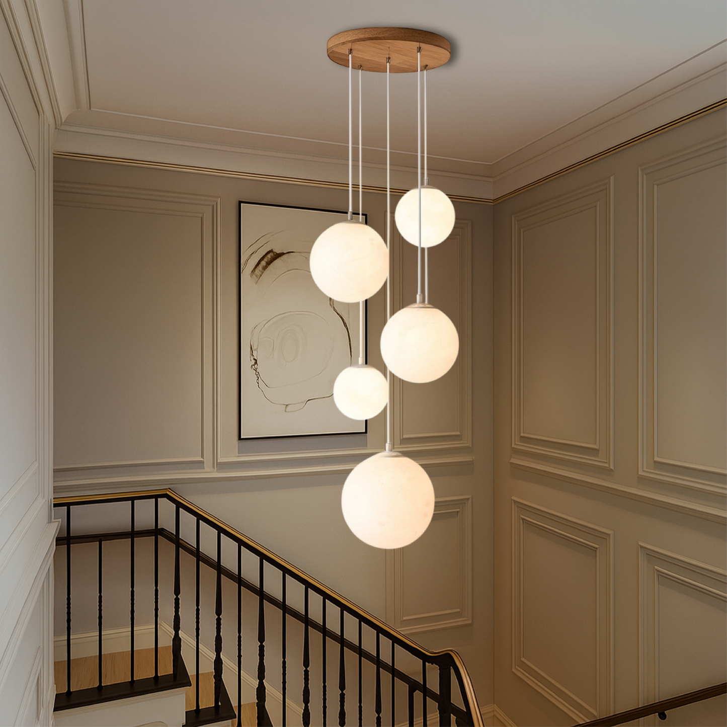 LumiGlow | Skandinavischer Kronleuchter Mondlampe Treppe mit skulpturaler Eleganz 4