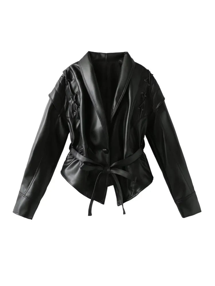 Madonna | Damen Winterjacke aus Leder mit Bindegürtel 3