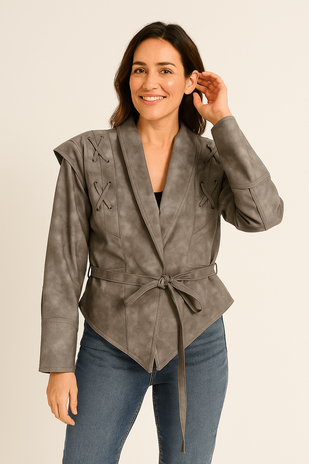 Madonna | Damen Winterjacke aus Leder mit Bindegürtel 4