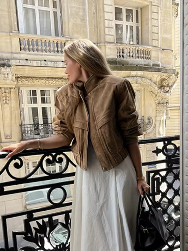 Modische Damenjacke aus Wildleder – Kurz, Lässig, mit Taschen, Langarm für Frühling und Herbst 2