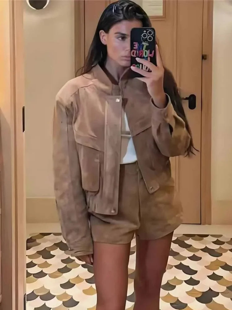 Modische Damenjacke aus Wildleder – Kurz, Lässig, mit Taschen, Langarm für Frühling und Herbst 5