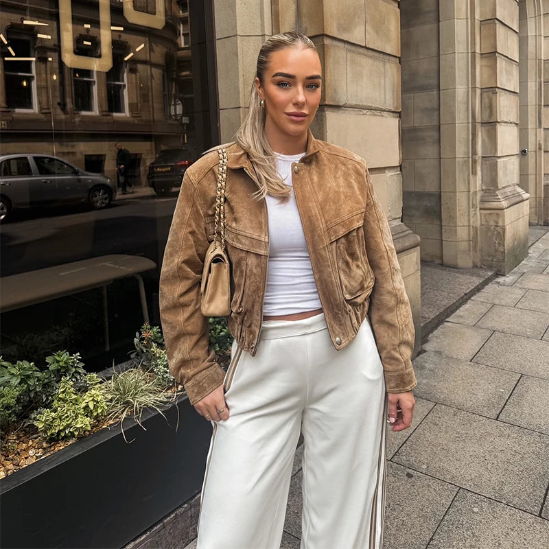 Modische Damenjacke aus Wildleder – Kurz, Lässig, mit Taschen, Langarm für Frühling und Herbst 6
