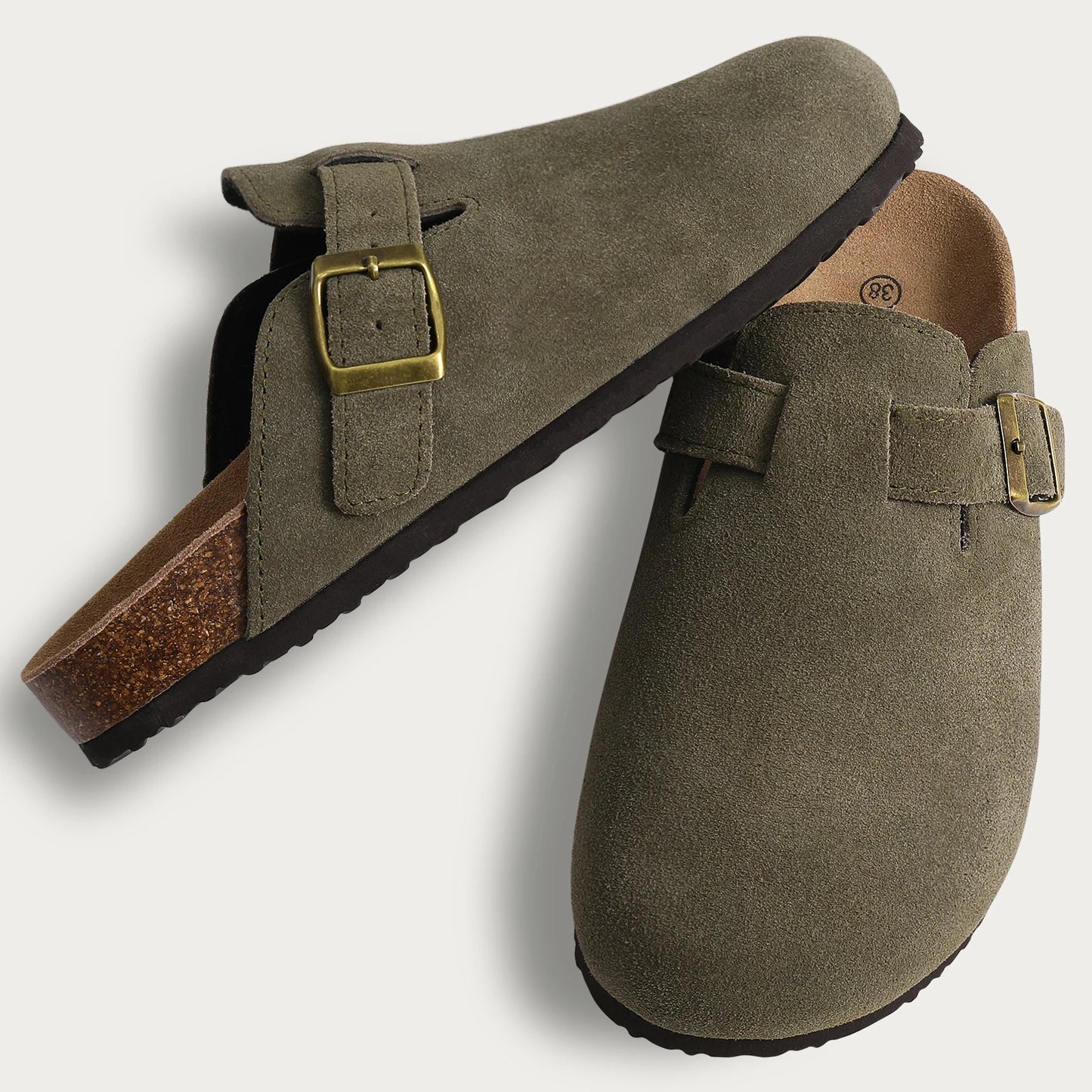 Modische Suede Mules Damen mit Korksohle und Fußgewölbeunterstützung – Bequeme Mules Schuhe für drinnen und draußen 0