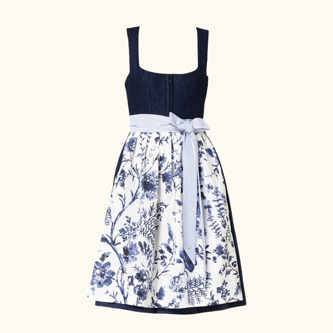 Oktoberfest Dirndlkleid mit blauem Blumenmuster und Schürze 1