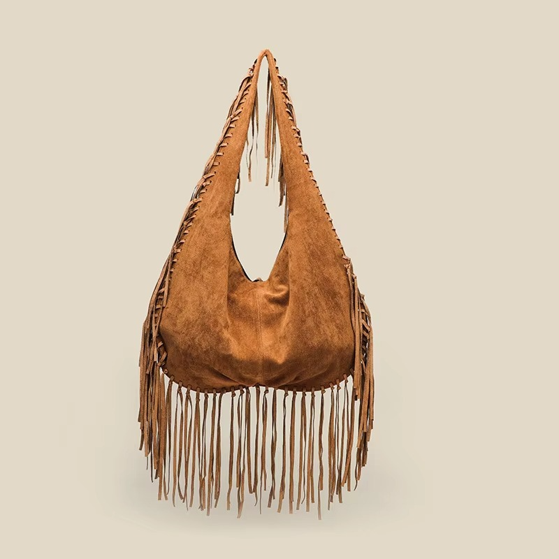 Retro Handtasche Damen aus Wildleder mit Fransen – Croissant-Form, Boho-Stil, Größe Klein und Groß, Elegante Tasche für Alltag und besondere Anlässe 4
