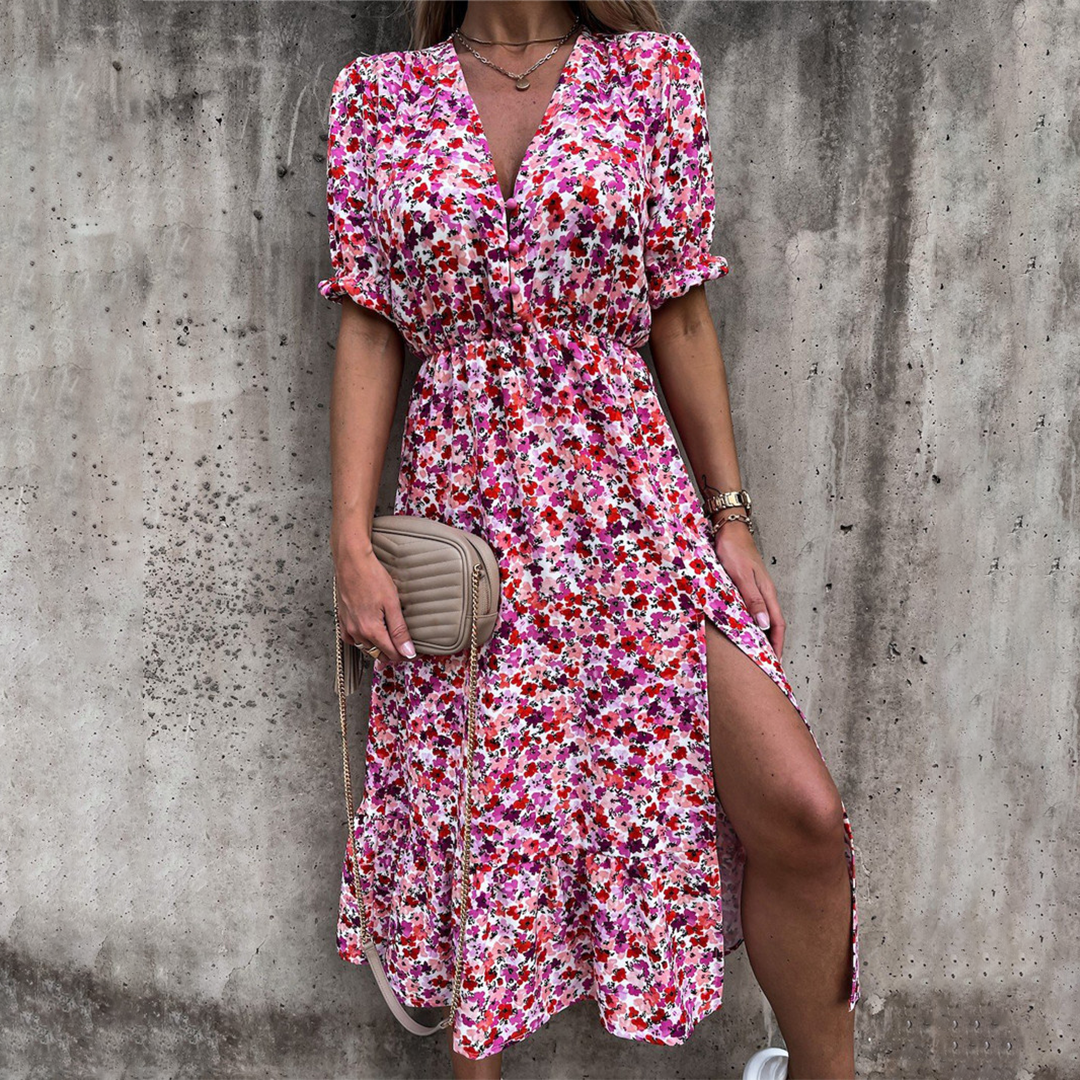 Damen Sommerkleid Rosa Größe M Polyester mit V-Ausschnitt und Split-Detail-4