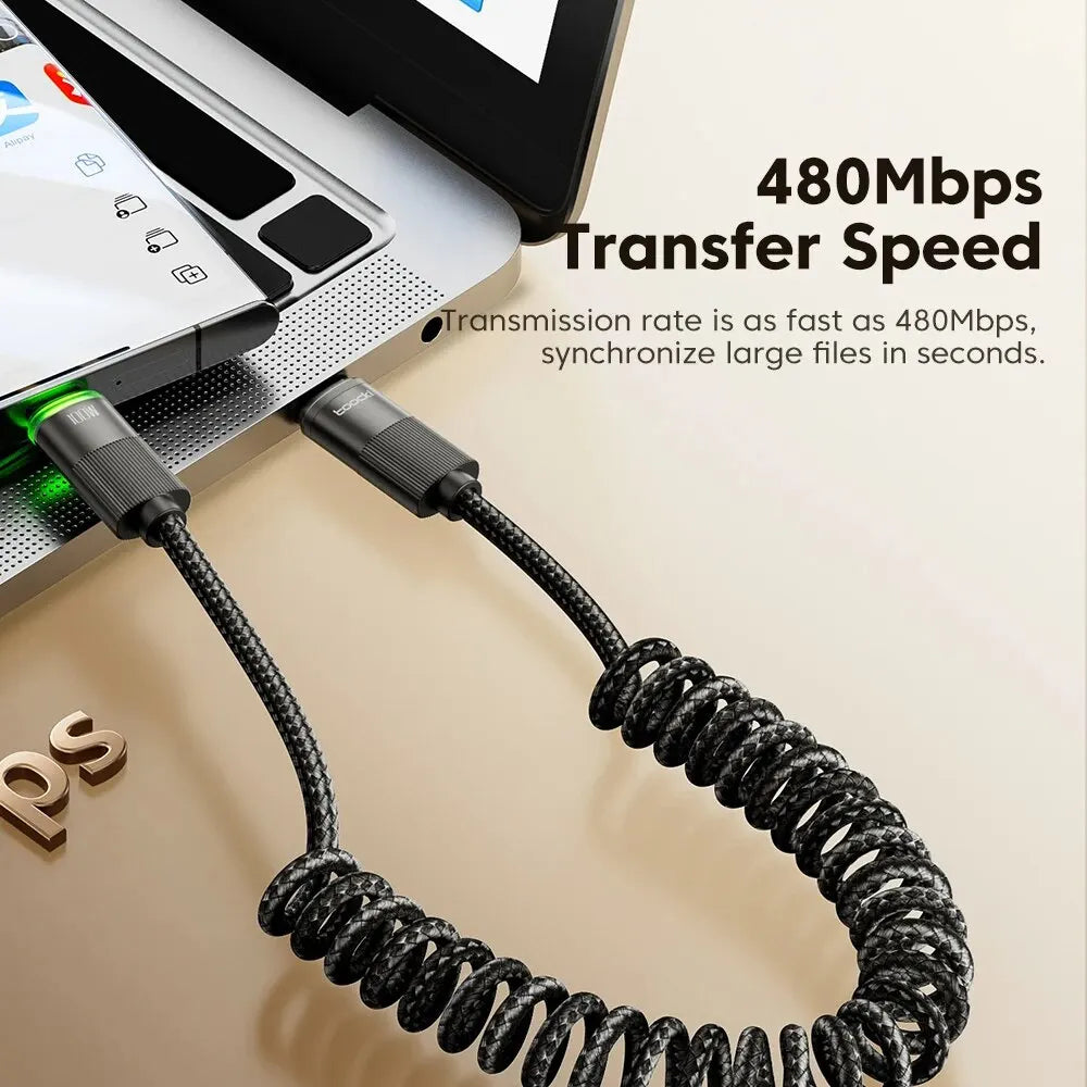 USB-C Kabel Spiralkabel 100W Schnellladung LED-Anzeige Dehnbar 1,8m 1