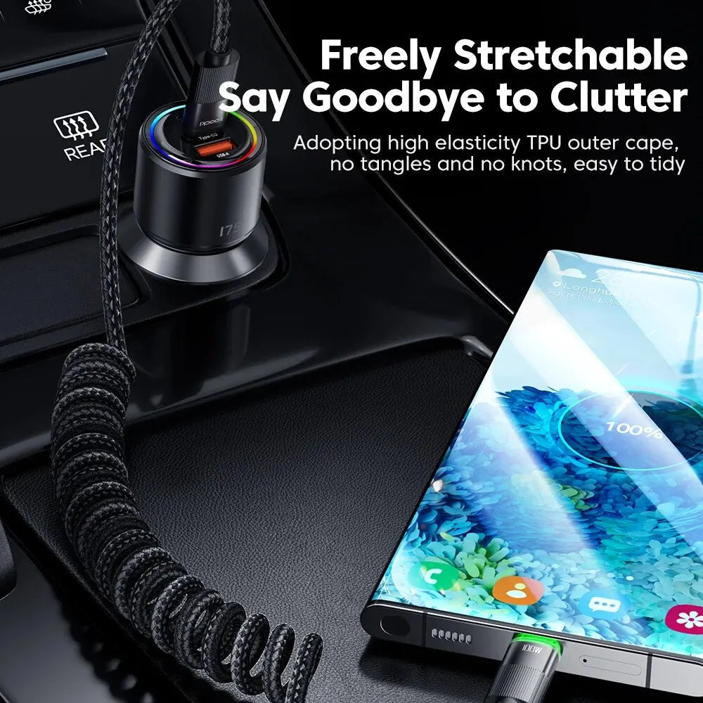 USB-C Kabel Spiralkabel 100W Schnellladung LED-Anzeige Dehnbar 1,8m 4