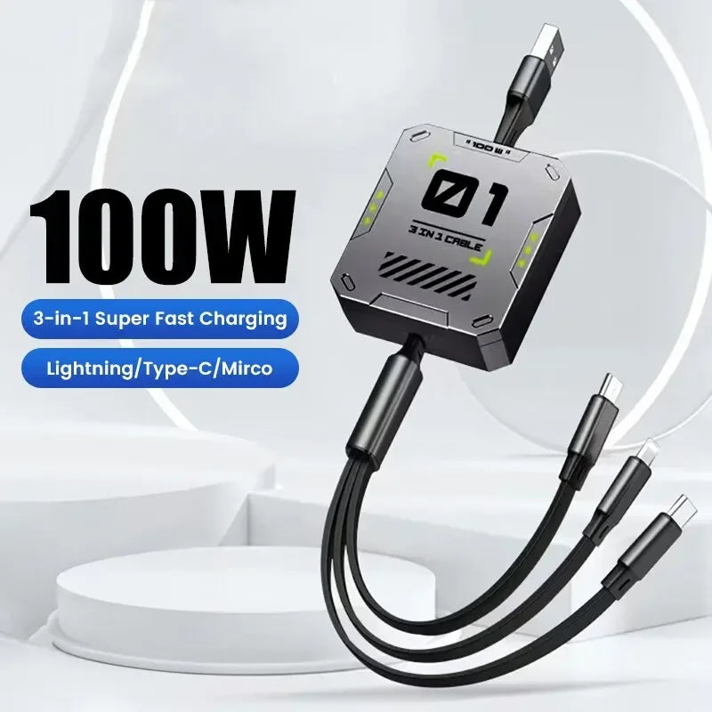 Universal Ladekabel 3-in-1 Ausziehbar 100W Schnellladung für iPhone und USB-C Geräte 1