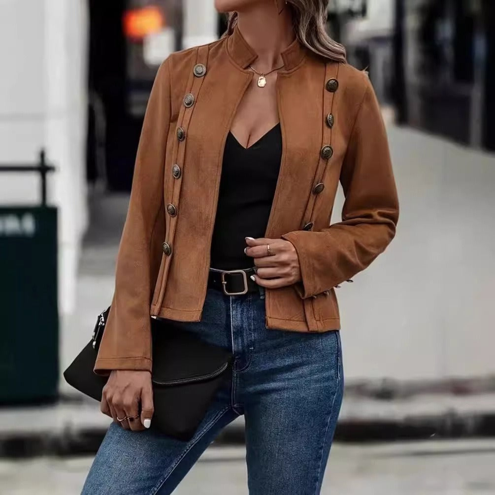 Frauen Samtjacke mit Doppelreiher und Mandarin-Kragen – Elegantes Retro-Design aus weichem Hirschleder