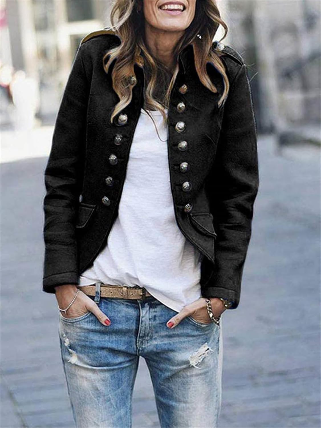 Women's Military Jacket with Button Front and Epaulettes – Structured Hip Length Coat 1