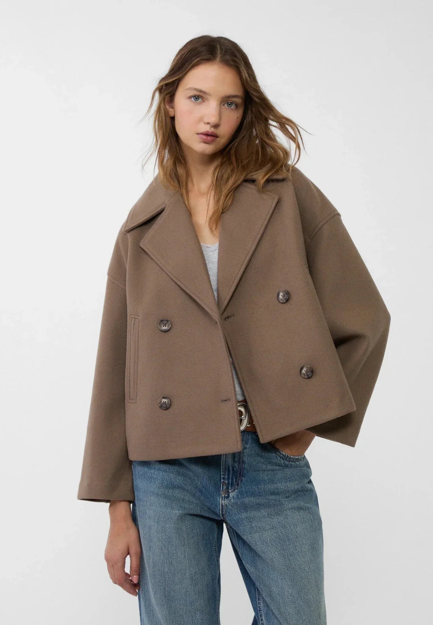 Giacca di transizione in look lana alla moda per donna – Cappotto corto boxy con vestibilità oversize
