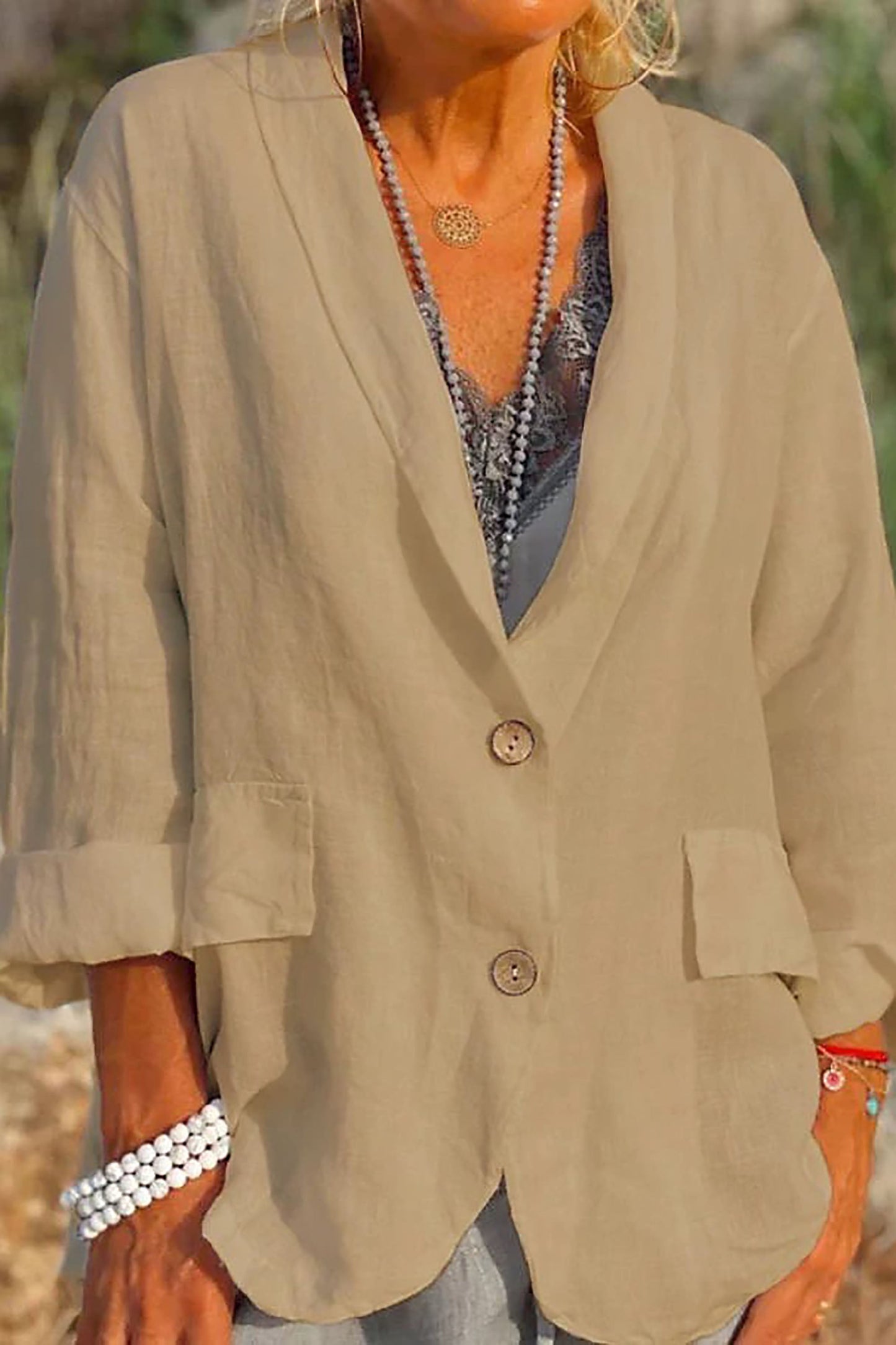 Giacca estiva in lino per donna – Moda casual elegante con scollo a V e comode maniche 3/4