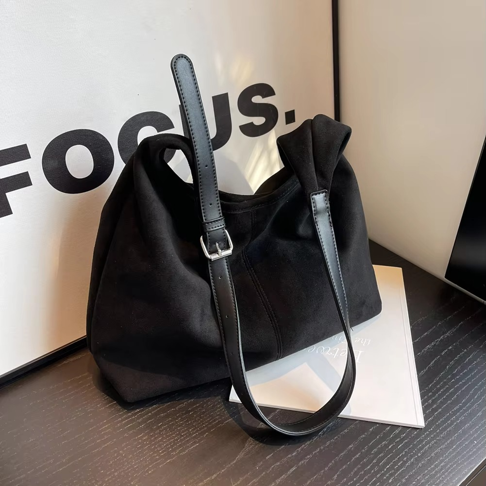 Stylish Suede Handbag Women Black with Adjustable Strap – Elegant Bag for Everyday and Office
