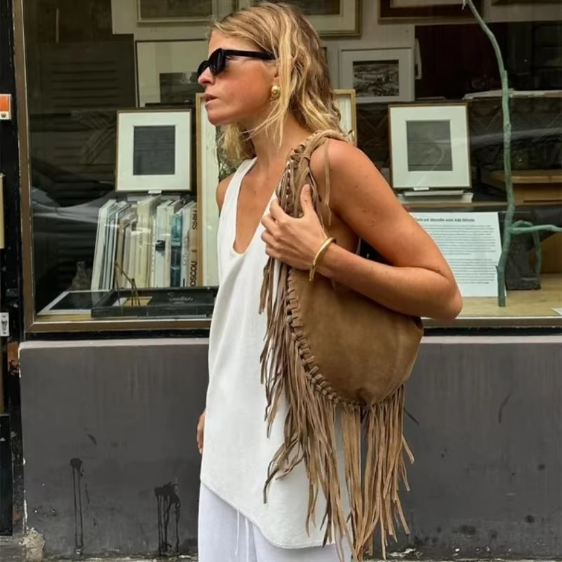 Mala de mão retro para senhora em camurça com franjas – forma de croissant, estilo boho, tamanho pequeno e grande, mala elegante para o dia a dia e ocasiões especiais
