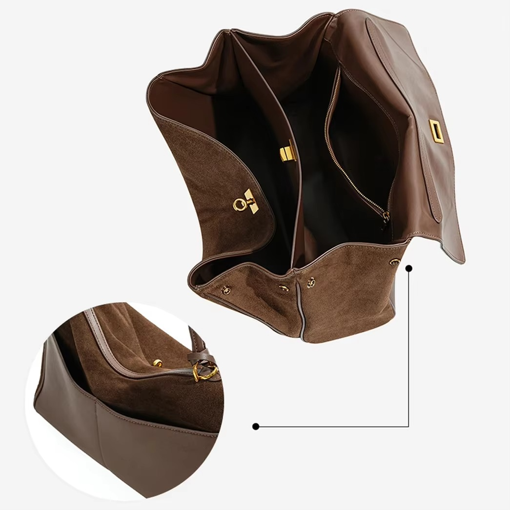 Mala de senhora clássica em camurça no estilo Kelly – Mala elegante para outono e inverno com espaço prático