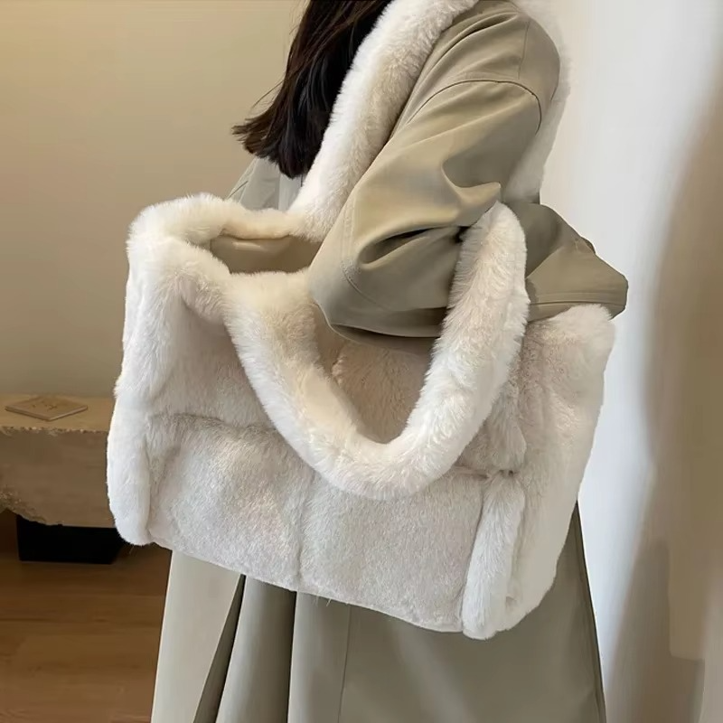 Mala de ombro de peluche para senhora – Alta capacidade, mala de ombro macia para ocasiões elegantes