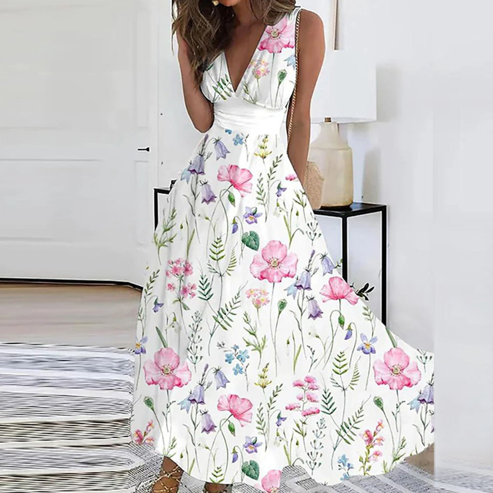 Damen Sommerkleid Floral V-Ausschnitt Weiß Größe M Polyester-5