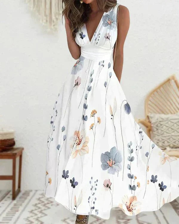 Damen Sommerkleid Floral V-Ausschnitt Weiß Größe M Polyester-1
